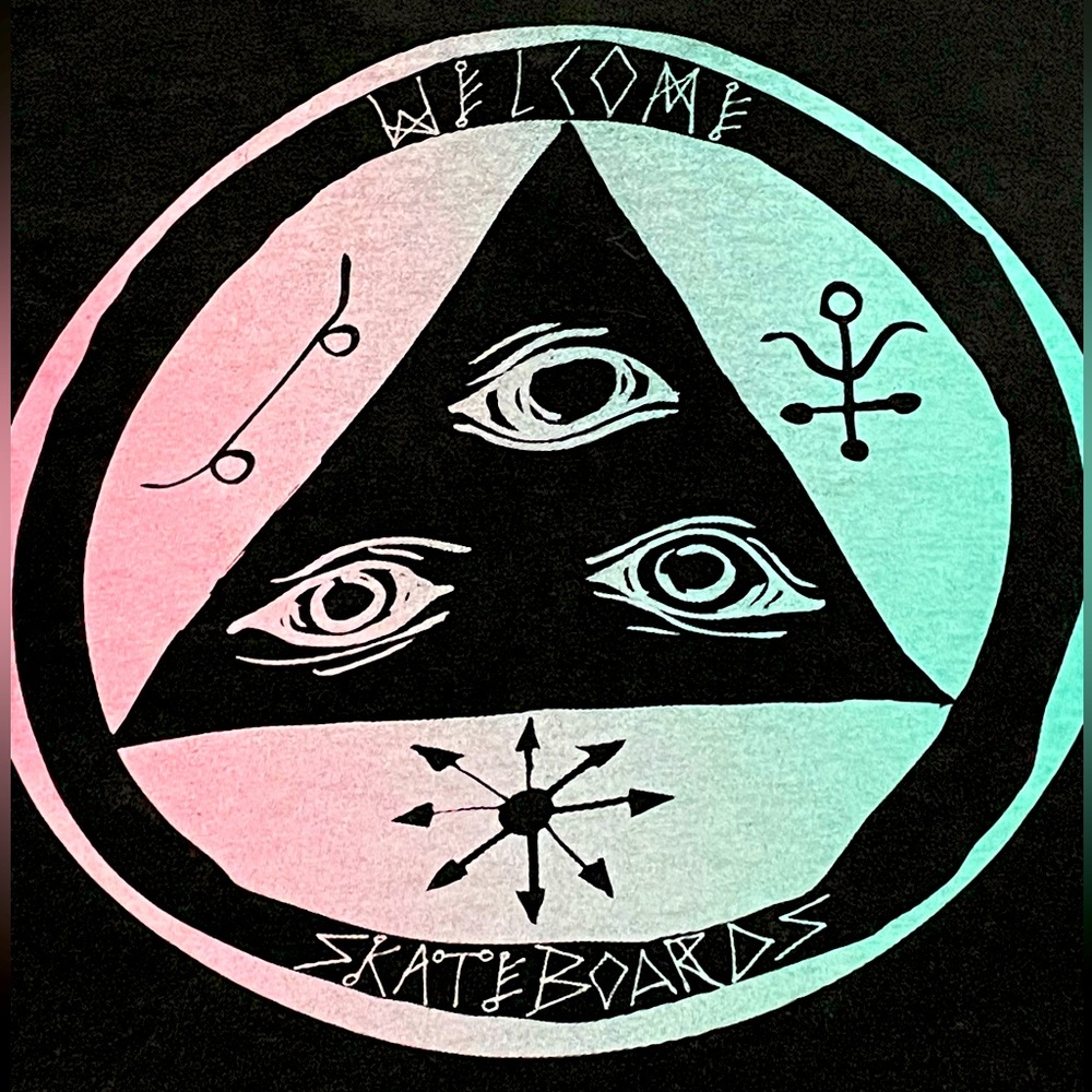 SUPER GRAIL WELCOME SKATEBOARDS “TALISMAN” T-SHIRT OLD VER. LARGE THRASHED SICK